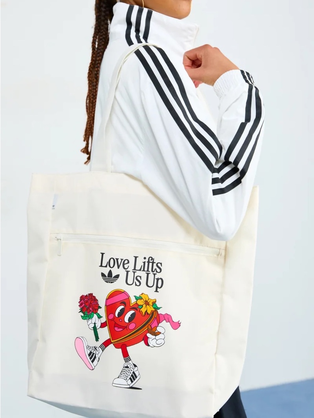 adidas Cream Tote Bag with Colorful 'Love Lifts Us Up' Graphic
